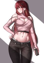 1girl absurdres akane_lize black_pants blush breasts cellphone cleavage closed_mouth cross cross_earrings denim earclip earrings feet_out_of_frame grey_eyes hair_ornament hairclip hand_on_own_hip hashtag-only_commentary highres holding holding_phone jeans jewelry katrinabluuuuu long_hair looking_at_viewer medium_breasts mole mole_under_eye multicolored_hair navel pants phone pink_shirt red_hair shirt simple_background smartphone solo standing stellive streaked_hair virtual_youtuber