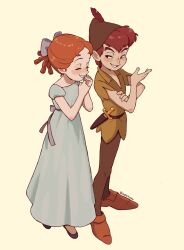 1boy 1girl boots bow brown_boots brown_hair closed_eyes crossed_arms dagger dress full_body green_hat green_tunic grey_bow grey_dress hair_bow half-closed_eyes hat hat_feather highres knife kumao_(uexxww) laughing light_blush looking_at_another orange_hair parted_bangs peter_pan_(character) pointy_hat puffy_short_sleeves puffy_sleeves short_hair short_sleeves smile tunic walt_disney&#039;s_peter_pan weapon wendy_darling