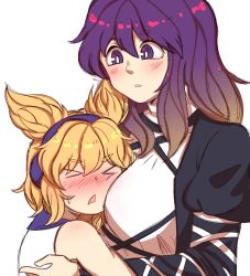 2girls between_breasts blush breasts dress gradient_hair hanaarts head_between_breasts headphones hijiri_byakuren layered_dress long_hair multicolored_hair multiple_girls pointy_hair purple_eyes purple_hair sleeveless touhou toyosatomimi_no_miko two-tone_hair white_dress yuri