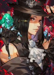 1other 2girls ascot bare_shoulders black_hair breasts closed_mouth demon_girl demon_horns demon_wings eyeshadow fingernails formal_clothes guilty_gear guilty_gear_strive hat hat_ornament highres horns long_hair looking_at_viewer makeup multiple_girls purple_eyeshadow red_eyes shaded_face sharp_fingernails skull_hat_ornament succubus_familiar testament_(guilty_gear) thick_eyelashes uncle_rabbit_ii upper_body white_ascot wings
