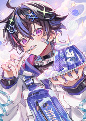 1boy absurdres bandaid bandaid_on_cheek bandaid_on_face blush brown_hair cat closed_mouth commentary_request ear_piercing eating food gelatin hair_between_eyes hair_ornament highres holding holding_plate holding_spoon jacket jewelry long_sleeves looking_at_viewer male_focus multicolored_hair nail_polish original piercing plate purple_eyes purple_hair purple_nails red_hair ring short_hair solo spoon streaked_hair suzaku_(zaku6584) upper_body white_jacket x_hair_ornament