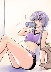 1girl ^^^ arm_support blush bottle commentary drinking hair_ornament hair_tie hairclip highres holding holding_bottle knees_up looking_at_viewer midriff navel nib_pen_(medium) pen_(medium) pov pov_hands purple_eyes purple_hair purple_sports_bra short_shorts shorts sidelocks sitting sports_bra sportswear sweat traditional_media vocaloid voiceroid water_bottle yuzuki_yukari zooanime