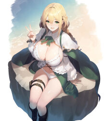 1girl absurdres baketsu beach bikini black_boots blonde_hair boots breasts capelet cleavage commentary_request dress elena_(baketsu) frilled_bikini frills from_above gold_trim green_dress green_eyes highres holster large_breasts long_sleeves looking_at_viewer looking_up on_rock open_mouth original outdoors sand sitting solo swimsuit thigh_holster v water white_bikini white_capelet