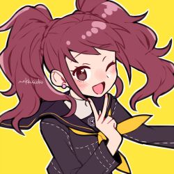 1girl ;d artist_name black_sailor_collar black_shirt blush brown_eyes collared_shirt do_m_kaeru earrings hand_up heart heart_in_eye jewelry kujikawa_rise long_hair long_sleeves looking_at_viewer nail_polish neckerchief one_eye_closed open_mouth outline outstretched_arm persona persona_4 pink_nails red_hair sailor_collar school_uniform serafuku shirt simple_background smile solo symbol_in_eye twintails upper_body v white_outline yasogami_school_uniform yellow_background yellow_neckerchief