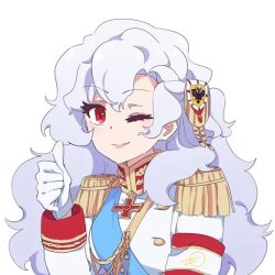 Rule 34 | 1girl, aiguillette, alpha (alpha 1918), armband, blue sash, buttons, collar, cross, cross pendant, epaulettes, findoworld, fluffy, fluffy hair, gloves, gold buttons, gold trim, hair ornament, lips, long hair, looking at viewer, military, military uniform, non-web source, official art, one eye closed, original, red eyes, red sleeve cuffs, russian empire, sash, sleeve cuffs, smile, solo, sticker, thumbs up, transparent, transparent background, upper body, very long hair, white gloves, white hair