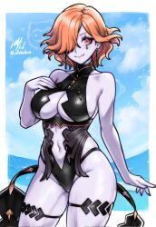 1girl artist_name breasts cleavage_cutout clothing_cutout colored_skin facial_mark fire_emblem fire_emblem:_three_houses grey_skin hair_over_one_eye highres kronya_(fire_emblem) looking_at_viewer medium_breasts navel navel_cutout nintendo one-piece_swimsuit orange_hair red_eyes rotomdocs short_hair smile solo swimsuit