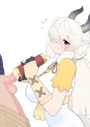 1boy 1girl artificial_vagina blush breasts brown_eyes commentary_request cum dress ejaculation grey_horns grin hair_over_one_eye handjob hetero highres horns illu_(illu_stratos) kemono_friends large_breasts long_hair notice_lines penis pinafore_dress sex_toy shirt short_sleeves simple_background sleeveless sleeveless_dress smile solo_focus testicles uncensored upper_body white_background white_dress white_hair yak_(kemono_friends) yellow_shirt