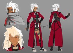 1girl archer_(fate) black_boots black_gloves black_shorts blood blood_on_face boots breasts brown_eyes commentary dark-skinned_female dark_skin english_commentary fate/stay_night fate_(series) gloves grey_cloak hand_on_own_hip igno_art knee_boots large_breasts outside_border partially_fingerless_gloves red_skirt short_shorts shorts skirt smile thigh_strap turtleneck twitter_username white_hair