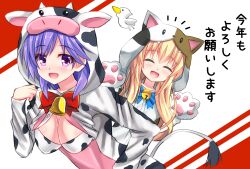 2girls :d ^_^ animal_costume animal_ear_hood animal_ears animal_hands animal_print bell blonde_hair blue_bow blue_bowtie blush bow bowtie breasts cat_costume cat_ears cleavage cleavage_cutout closed_eyes clothing_cutout commentary_request cosplay cow_costume cow_ears cow_print cow_tail cowbell eyes_visible_through_hair facing_viewer fake_animal_ears fake_tail gloves hair_between_eyes hand_up hands_up happy highres hood hood_up jingle_bell kigurumi large_breasts long_hair long_sleeves looking_at_viewer minatoto mizuori_shizuku multiple_girls neck_bell notice_lines official_alternate_costume open_mouth paw_gloves purple_eyes purple_hair red_bow red_bowtie simple_background smile summer_pockets tail translation_request tsumugi_wenders upper_body white_background