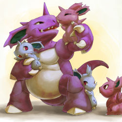 ^_^ black_eyes brown_eyes claws closed_eyes closed_mouth creature facing_another full_body gen_1_pokemon highres holding holding_pokemon horns looking_at_another nidoking nidoran nidoran_(female) nidoran_(male) nintendo no_humans pokemon pokemon_(creature) polyacryla shadow simple_background single_horn standing white_background