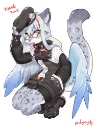 1girl absurdres animal_ears artist_name black_boots black_hat boots candy cat_ears cat_girl cat_tail colored_skin commission fang food food_in_mouth furry furry_female glasses grey_skin hand_in_pocket hand_on_headwear hat highres inu_fuji leopard_girl lollipop long_hair looking_at_viewer multicolored_hair original red-framed_eyewear semi-rimless_eyewear signature simple_background skeb_commission snow_leopard_ears snow_leopard_tail solo squatting streaked_hair tail under-rim_eyewear white_background white_hair white_wings wings yellow_eyes