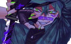 1boy black_shirt blood blood_on_face blood_on_hands bloody_weapon copyright_name evil_grin evil_smile fingerless_gloves flippy_(happy_tree_friends) gloves green_eyes green_hair green_jacket green_nails grin hair_between_eyes happy_tree_friends highres holding holding_knife humanization jacket knife long_sleeves male_focus purple_blood ringed_eyes shirt smile solo weapon yadu_nadu