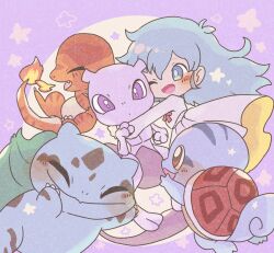 1girl ambertwo_(pokemon) blue_eyes blue_hair bulbasaur charmander closed_eyes closed_mouth dot_mouth dress fang fire flame-tipped_tail gen_1_pokemon hair_between_eyes hug legendary_pokemon long_hair mewtwo nintendo one_eye_closed open_mouth pokemon pokemon:_the_first_movie_-_mewtwo_strikes_back pokemon_(anime) pokemon_(classic_anime) pokemon_(creature) purple_background purple_eyes ribbon squirtle tail turtle_shell white_dress yoshishi_(yosisitoho)