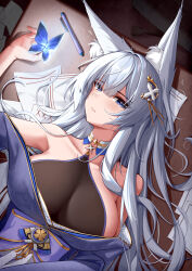 Rule 34 | 1girl, absurdres, animal ear fluff, azur lane, bare shoulders, blue butterfly, blue eyes, breasts, bug, butterfly, cleavage, closed mouth, collarbone, grey hair, highres, insect, large breasts, long hair, looking at viewer, lying, on back, shinano (azur lane), solo, youten yy