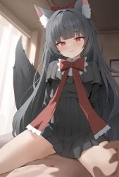 1boy 1girl absurdres animal_ear_fluff animal_ears artist_request black_hair black_shirt black_skirt bow bowtie closed_mouth commission girl_on_top hetero highres indoors loli long_hair original pleated_skirt red_bow red_bowtie red_eyes second-party_source shirt skirt smile solo_focus straddling tail variant_set