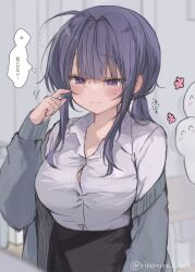 1girl black_skirt blue_eyes blue_hair blush breasts commentary_request highres long_hair original skirt solo teacher translated yukari_(rihenara_doll)