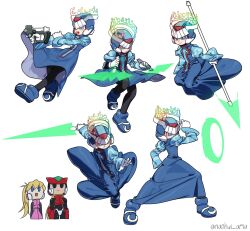 Rule 34 | 1girl, 2boys, bladed tonfa, blue helmet, blue robe, ciel (mega man), cyber elf x (mega man), energy barrier, energy shield, energy sword, forehead jewel, gun, halo, helmet, highres, holding, holding gun, holding polearm, holding sword, holding weapon, mega man (series), mega man zero (series), mega man zero 1, mega man zero 3, multiple boys, multiple views, nanhui aria, polearm, robe, simple background, spear, sword, tonfa, twitter username, weapon, white background, x (mega man), z saber, zero(z) (mega man), zero (mega man)