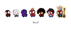2girls 5boys afro aida_(aidacamelia0516) black_bodysuit bodysuit chibi full_body highres jessica_drew marvel mayday_parker multiple_boys multiple_girls peter_b_parker simple_background spider-gwen spider-man:_across_the_spider-verse spider-man_(2099) spider-man_(miles_morales) spider-man_(series) spider-man_india spider-punk spider-verse white_background white_bodysuit