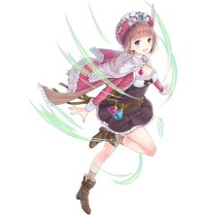 1girl atelier_(series) atelier_questboard atelier_rorona blue_eyes boots breasts brown_boots brown_dress brown_hair capelet cleavage commentary_request dress full_body hat highres jacket long_sleeves looking_at_viewer medium_breasts official_art open_mouth pink_hat pink_jacket rorolina_frixell second-party_source short_hair simple_background smile solo standing standing_on_one_leg swirl white_background white_capelet