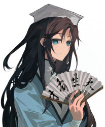 Rule 34 | 1boy, absurdres, bishounen, black hair, blue coat, blue eyes, bo li jian yang cheng ri ji, calligraphy, chinese clothes, chinese commentary, closed mouth, coat, dao gui yi xian, folding fan, hand fan, hand fan writing, hanfu, hat, highres, holding, holding fan, jin (headwear), long hair, long sleeves, looking at viewer, male focus, paper fan, simple background, smile, solo, upper body, white background, white hanfu, white hat, zhouzi jin (headwear), zhuge yuan