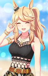 1girl adjusting_hair animal_ears arms_up bikini black_bikini blue_sky blurry blurry_background bracelet breasts cleavage closed_eyes commentary_request covered_navel day ear_ornament facing_viewer gold_armlet gold_bracelet gold_city_(boho_flare)_(umamusume) gold_city_(umamusume) gold_necklace highres horse_ears horse_girl jewelry kasumi_uzuki medium_breasts necklace ocean official_alternate_costume open_mouth outdoors parted_lips sidelocks sky solo sparkle sweatdrop swimsuit umamusume upper_body water