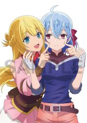 2girls :t ahoge anime_coloring arm_belt belt blonde_hair blue_eyes blue_hair braid breasts cheek_poking closed_mouth corset cowboy_shot fingerless_gloves gloves hair_between_eyes hair_ribbon long_hair long_sleeves medium_hair multiple_girls open_mouth overskirt poking red_corset red_overskirt red_ribbon red_scarf ribbon rit_(shin_no_nakama) ruti_ragnason sample_watermark scarf shin_no_nakama_janai_to_yuusha_no_party_wo_oidasareta_no_de_henkyou_de_slow_life_suru_koto_ni_shimashita short_shorts shorts simple_background sleeves_rolled_up smile standing watanabe_ruriko watermark white_background white_gloves