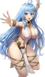 1girl absurdres arm_up blue_eyes blue_hair bracelet breast_curtains commentary commission dancer dancing goback gold_bracelet gold_thighlet gold_trim hair_intakes hair_ornament harem_outfit highres jewelry long_hair looking_at_viewer multiple_bracelets navel neck_ring open_hands open_mouth original pelvic_curtain simple_background skindentation smile solo standing standing_on_one_leg star_(symbol) star_hair_ornament toeless_legwear toenails toes usekh_collar white_background