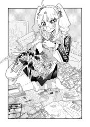 absurdres apron digimon digimon_card_game digimon_recollection glasses greyscale halftone highres kneeling looking_at_viewer millenniumon model_kit monochrome nozomi_riko omegamon ookutsuwa_waga paildramon round_eyewear shinegreymon tongue tongue_out trading_card twintails