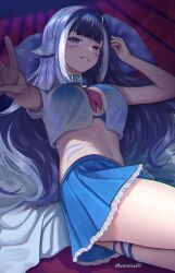 1girl absurdres animal_ears bikini bikini_visible_through_clothes black_hair blue_bikini blue_skirt body_markings breasts cat_ears facial_mark grin highres indie_virtual_youtuber large_breasts long_hair lying miniskirt multicolored_hair navel on_side orca_girl purple_eyes sengnam1997 shylily shylily_(1st_costume) skirt smile solo streaked_hair swimsuit teeth virtual_youtuber white_hair