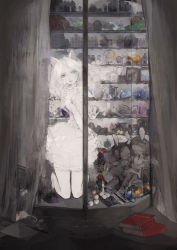 1girl animal_ears bonnet book cat_ears curtains doll dress eyeball female_focus glass inkwell jar looking_at_viewer nekosuke_(oxo) nutcracker original pale_skin paper picture_frame rabbit_ears rock shelf solo stuffed_animal stuffed_bird stuffed_toy toy_mouse vial white_hair