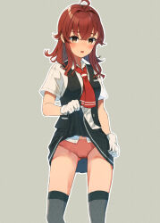 ahoge arashi_(kancolle) ascot asymmetrical_hair black_vest blush breasts cowboy_shot gloves gluteal_fold grey_background grey_thighhighs highres kantai_collection lifting_own_clothes long_hair looking_at_viewer makiyuki messy_hair neck_ribbon neckerchief open_mouth panties pink_panties pleated_skirt red_ascot red_hair red_neckerchief ribbon school_uniform shirt short_sleeves skirt small_breasts solo thighhighs underwear vest white_gloves white_shirt