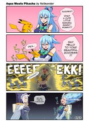1girl 4koma absurdres acefish anger_vein angry aqua_(konosuba) bare_shoulders blue_eyes blue_hair comic creatures_(company) crying crying_aqua_(meme) electrocution english_text eris_(konosuba) game_freak gen_1_pokemon happy highres holding holding_pokemon hug japanese_text kono_subarashii_sekai_ni_shukufuku_wo! nintendo pikachu pokemon pokemon_(creature) smile sound_effects tagme