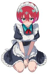 1girl amate_yuzuriha apron aqua_eyes black_dress blush breasts closed_mouth dress frilled_apron frilled_dress frills gundam gundam_gquuuuuux highres kousuke0912 maid maid_apron maid_headdress red_hair shirt short_hair short_sleeves simple_background solo white_apron white_background