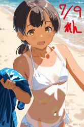 1girl artist_name beach bikini bikini_tan black_hair blue_jacket breasts brown_eyes dated folded_ponytail highres jacket kantai_collection kasuga_maru_(kancolle) navel ocean one-hour_drawing_challenge ren_(pawer1945) side-tie_bikini_bottom small_breasts smile solo swimsuit tan tanline upper_body white_bikini