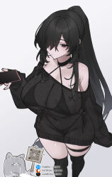 1girl absurdres bare_shoulders bikini bikini_under_clothes black_bikini black_hair black_thighhighs breasts covered_navel grey_background hair_over_one_eye halterneck highres holding holding_phone large_breasts long_hair long_sleeves looking_at_viewer micro_bikini mimyo original phone ponytail see-through_clothes simple_background sleeves_past_wrists solo swimsuit thigh_strap thighhighs