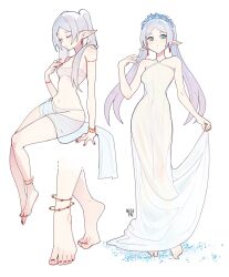 1girl :o absurdres anklet artist_name bandeau bangle bare_arms bare_shoulders barefoot blue_flower blush bracelet breasts closed_eyes closed_mouth commentary covered_erect_nipples dress earrings elf english_commentary feet fingernails flower flower_wreath foot_focus frieren full_body green_eyes grey_hair hair_over_shoulder hand_up heel_up highres invisible_chair jewelry long_dress long_fingernails long_hair long_pointy_ears looking_at_viewer medium_breasts multiple_views nail_polish navel netapai1 panties parted_bangs parted_lips pointy_ears red_nails see-through_clothes see-through_dress sidelocks simple_background sitting sousou_no_frieren standing teardrop_earrings toenail_polish toenails toes twintails underwear very_long_hair white_background white_bandeau white_dress white_panties