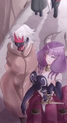 2girls 2others aura_(sousou_no_frieren) bdsm bondage bound breasts coat collar demon_girl demon_horns elbow_gloves elf femdom frieren gag gagged gimp_mask gloves grey_hair highres horns l_tasuku large_breasts mask multiple_girls multiple_others plug_gag pointy_ears ponytail purple_hair sensory_deprivation slave sousou_no_frieren stealth_bondage variant_set weighing_scale wig
