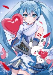 1girl arm_tattoo balloon bare_shoulders blue_eyes blue_hair blue_necktie blue_scarf blue_trim blush_stickers closed_mouth commentary_request cowboy_shot detached_sleeves feathers gradient_background grey_sleeves hair_between_eyes hair_ornament hatsune_miku headset heart heart_balloon highres holding holding_balloon long_hair long_sleeves looking_at_viewer miniskirt mittens necktie nekokan_(awao_o) number_tattoo rabbit rabbit_yukine red_feathers scarf shirt skirt sleeveless sleeveless_shirt smile snowflake_print sparkle tattoo twintails very_long_hair vocaloid white_mittens white_scarf white_shirt wide_sleeves yuki_miku yuki_miku_(2011)