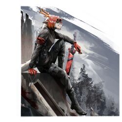 1boy arknights black_shirt boots cliff colored_sclera dragon_boy eastern_dragon_horns full_body furry furry_male highres knee_up long_hair looking_to_the_side male_focus nakan original outdoors red_eyes red_hair shirt sitting solo sword tail turtleneck weapon white_hair yellow_sclera