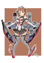 Rule 34 | 1girl, black sailor collar, black skirt, breasts, brown eyes, brown hair, cannon, cleavage, dixie cup hat, elbow gloves, flipped hair, gloves, hat, highres, kantai collection, medium breasts, military hat, miniskirt, neckerchief, off-shoulder shirt, off shoulder, open mouth, pleated skirt, red neckerchief, richard p. leary (kancolle), rigging, sailor collar, senon, ship turret, shirt, short hair, skirt, smokestack, solo, thighhighs, white gloves, white hat