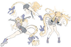 1girl :d animal_ears black_gloves black_shorts blonde_hair blue_boots blue_bow boots bow cropped_jacket elbow_gloves fingerless_gloves gloves green_eyes grey_shirt jacket ju_fufu long_hair multiple_views niihatigounana open_clothes open_jacket open_mouth outstretched_arms puffing_up pussy_juice running shirt shorts simple_background skindentation smile solo_focus standing surprised tail tail_bow tail_ornament thigh_strap tiger_ears tiger_girl tiger_tail wavy_mouth white_background yellow_jacket zenless_zone_zero