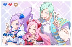 1boy 2girls blue_choker blue_eyes blue_jacket blue_wrist_cuffs cape choker closed_eyes commentary_request cure_berry cure_passion donut earrings food fresh_precure! frilled_sleeves frills fur-trimmed_wrist_cuffs gradient_background green_hair hair_ornament heart heart_earrings heart_hair_ornament jacket jewelry long_hair lower_teeth_only midriff multiple_girls one_eye_closed precure puffy_sleeves purple_eyes purple_hair shirt smile sparkle sukehige teeth thick_eyebrows v wester_(fresh_precure!) white_cape white_choker white_shirt wing_hair_ornament wrist_cuffs