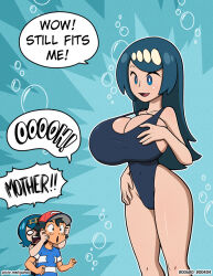 Rule 34 | 1boy, 2girls, :o, ash ketchum, black eyes, black hair, blue eyes, blue hair, breasts, bubble, english text, garabato, hat, huge breasts, lana&#039;s mother (pokemon), lana (pokemon), legs, long hair, mature female, multiple girls, nintendo, open mouth, pokemon, pokemon (anime), pokemon sm (anime), standing, swimsuit