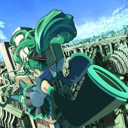 1girl aqua_eyes aqua_hair bad_id bad_piapro_id falling female_focus hatsune_miku highres kansou_samehada necktie outdoors skirt sky smile solo thighhighs twintails urban vocaloid zettai_ryouiki
