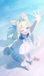 1girl ;d absurdres ahoge animal_ear_fluff animal_ears arm_up blonde_hair blue_bow blue_eyes blue_hair blue_sailor_collar blunt_bangs bow bucket cat_ears commentary day dress fang fins fish_girl fish_tail frilled_dress frilled_sailor_collar frills full_body hair_bow highres holding holding_bucket indie_virtual_youtuber kaniki_(sameko_saba) lazyfox lifebuoy_hair_ornament long_hair looking_at_viewer low_twintails multicolored_hair one_eye_closed one_side_up open_mouth outdoors sailor_collar sailor_dress sameko_saba sandals scrunchie seashell shell skin_fang sleeveless sleeveless_dress smile solo streaked_hair symbol-only_commentary tail twintails very_long_hair virtual_youtuber waving white_dress white_hair wrist_scrunchie