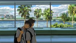 2boys backpack bag black_bag black_eyes city cloud cloudy_sky collared_shirt couple hallway head_on_another&#039;s_shoulder highres male_focus minahamu multiple_boys ocean original palm_tree shirt short_hair sky tree white_shirt window yaoi