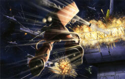 Rule 34 | artist request, battle, bazooka (gundam), cable, debris, destruction, earth federation, explosion, firing, fleet, gundam, gundam perfect file, machinery, mecha, mecha focus, mobile suit, mobile suit gundam, mobile suit gundam the origin, motion lines, no humans, official art, realistic, robot, salamis class, scan, science fiction, shield, space, spacecraft, thrusters, traditional media, window, zaku ii, zaku ii s char custom, zeon, zero gravity