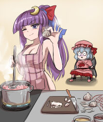 2girls apron ascot bat_wings blue_hair blush bound bow breasts chair cooking cooking_pot crescent cutting_board dress garlic hat kitchen_knife large_breasts long_hair mob_cap multiple_girls naked_apron namiki_(remiter00) patchouli_knowledge puffy_sleeves purple_eyes purple_hair remilia_scarlet ribbon rope scared short_hair short_sleeves tied_up_(nonsexual) touhou vampire wide-eyed wings