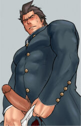Rule 34 | 1boy, bara, black hair, blush, clothes pull, erection, justice gakuen, kazama daigo, looking at viewer, looking down, magnum feering, male focus, male underwear, muscular, muscular male, one eye closed, pants, pants pull, penis, precum, scar, scar across eye, scar on face, school uniform, sweatdrop, underwear, white male underwear