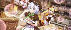 Rule 34 | 2girls, ^^^, apron, ascot, bag, baking, blonde hair, blue eyes, bow, breasts, brown bag, brown bow, brown dress, brown gloves, brown hat, buttons, cabinet, cake, chocolate icing, chris (konosuba), cleavage, cleavage cutout, clothing cutout, cookie cutter, cooking pot, cutting board, darkness (konosuba), dot nose, double-breasted, double-parted bangs, dress, dutch angle, facial scar, faucet, food, food on hand, frying pan, game cg, gloves, green ascot, hair bow, hat, heart, high ponytail, highres, holding, holding plate, icing, indoors, kitchen, kono subarashii sekai ni shukufuku wo!, konosuba! fantastic days, ladle, large breasts, lens flare, licking own finger, long hair, looking at viewer, multiple girls, newsboy cap, official art, one eye closed, open mouth, orange dress, plate, ponytail, puffy short sleeves, puffy sleeves, purple eyes, purple hair, rolling pin, scar, scar on cheek, scar on face, short hair, short sleeves, sink, small sweatdrop, sparkle, spatula, star (symbol), strawberry cake, striped bow, surprised, table, tasting, teapot, third-party source, tile wall, tiles, tongue, tongue out, towel, whipped cream, white apron, wooden table